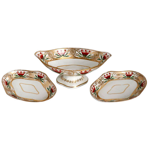 Set English Georgian Gilt Soft Porcelain Compote and Pair Underplate Trays (3 pieces)