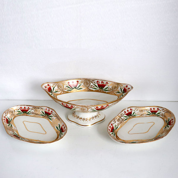 Set English Georgian Gilt Soft Porcelain Compote and Pair Underplate Trays (3 pieces)