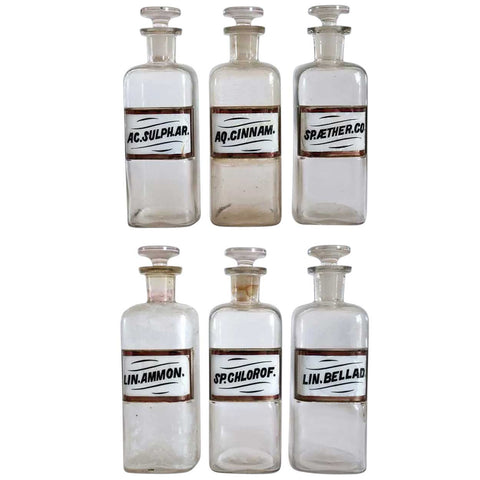 Set of Six American Victorian Whitall Tatum Glass Label Apothecary Drug Store Bottles