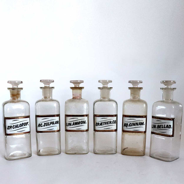 Set of Six American Victorian Whitall Tatum Glass Label Apothecary Drug Store Bottles