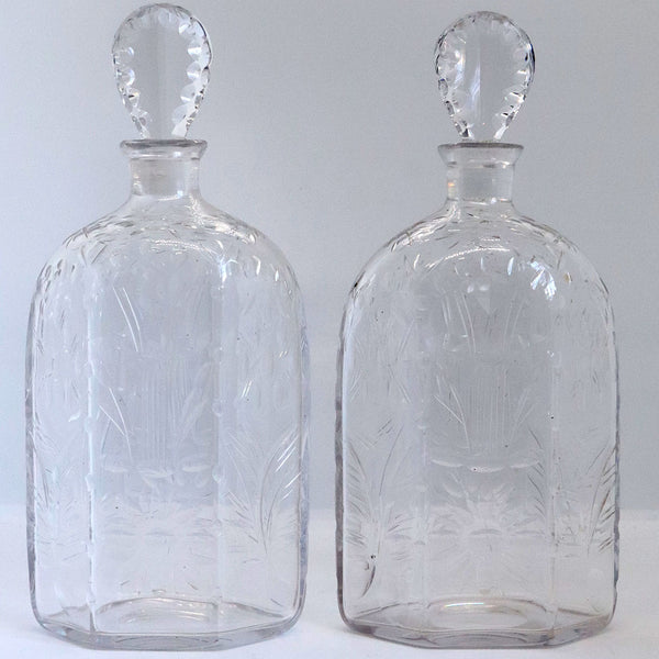Pair English Harry Powell for Whitefriars Glass Spanish Cut Decanters