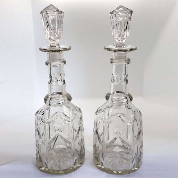 Pair English Mid Victorian Cut Glass Tall Neck Decanters