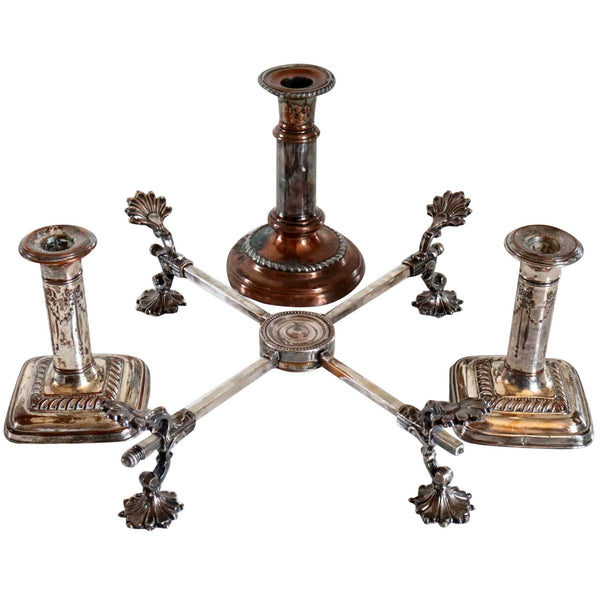 Four English Victorian Sheffield Plate Candlesticks and Dish Cross Trivet Stand
