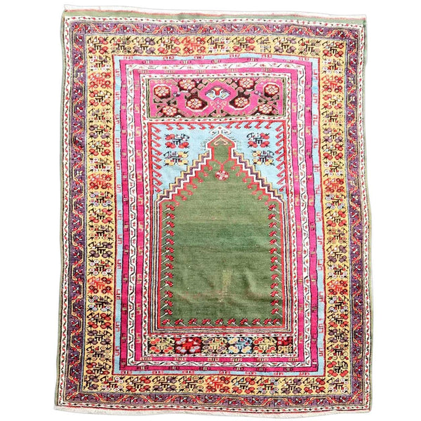 Vintage Wool and Cotton Multicolor Prayer Mat Rug