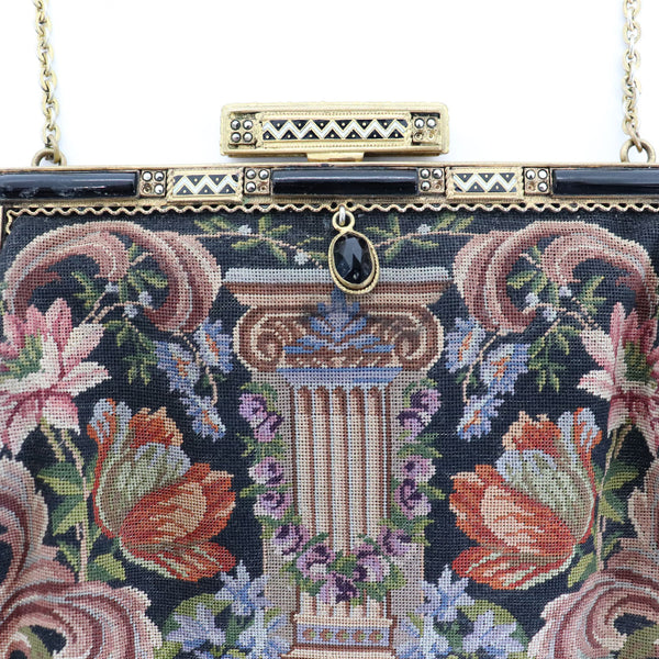 Austrian Micro Petit-Point Needlepoint, Hematite and Enamel Chain Link Purse