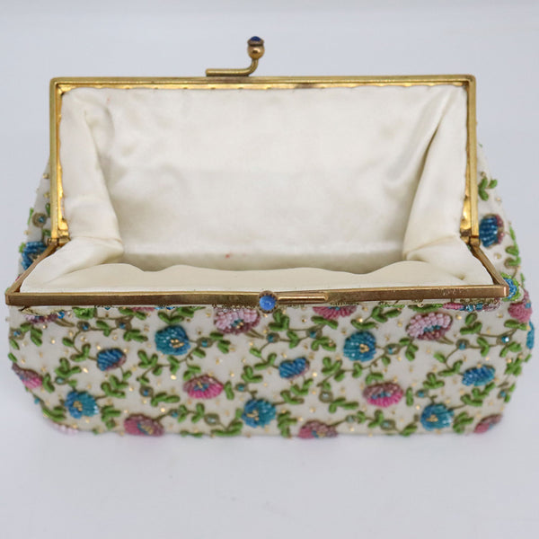 Two Vintage French Parisian Duizend-Gans Micro-Beaded Silk Clutch Clasp Purses Handbags