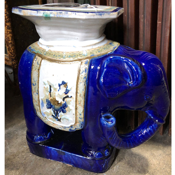 Vintage Vietnamese Pottery Cobalt Glazed Elephant Side Table / Garden Stool