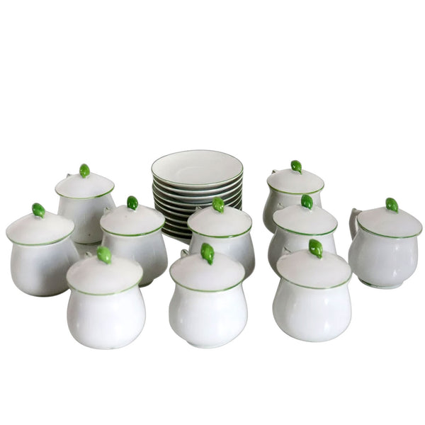 Set of 10 Vintage Japanese Bone China Pot de Creme Covered Dessert Cups and Saucers