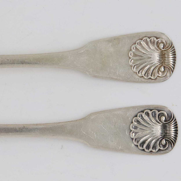 Pair of American Thomas Fletcher Coin Silver Fiddle and Shell Handle Forks