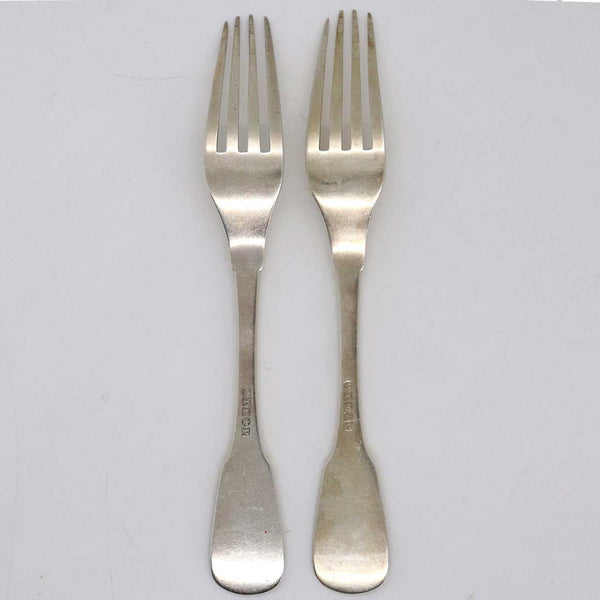 Pair of American Thomas Fletcher Coin Silver Fiddle and Shell Handle Forks