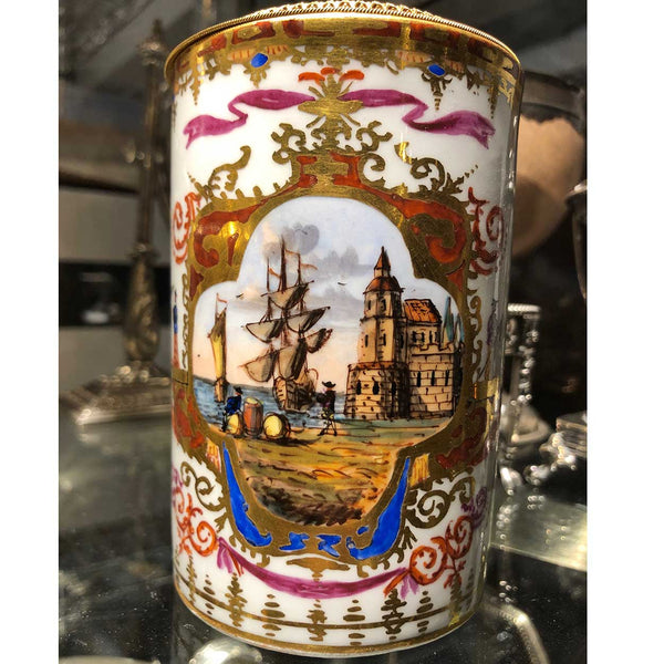 Rare Early German Meissen Gilt Silver, Hand Painted and Gilt Porcelain Tankard