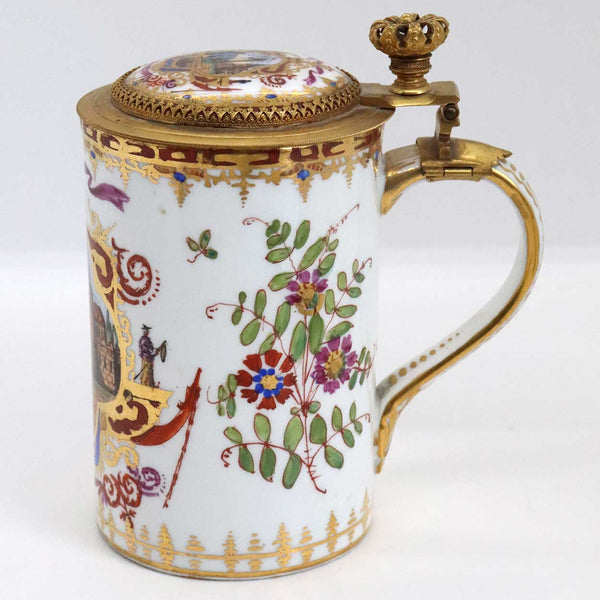 Rare Early German Meissen Gilt Silver, Hand Painted and Gilt Porcelain Tankard