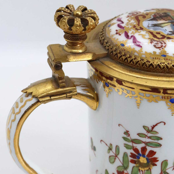 Rare Early German Meissen Gilt Silver, Hand Painted and Gilt Porcelain Tankard