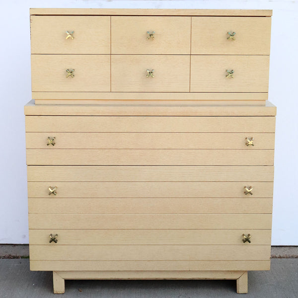 Vintage American Mid Century Modern Blonde Oak Tall X-Handle Highboy Dresser