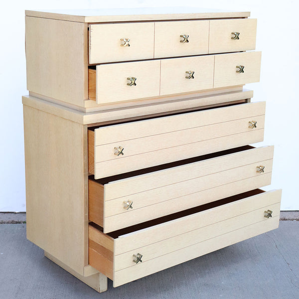 Vintage American Mid Century Modern Blonde Oak Tall X-Handle Highboy Dresser