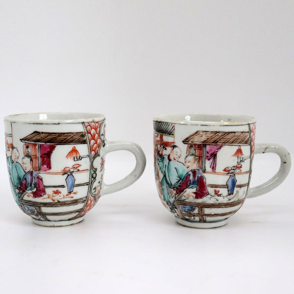 Antique Pair of Chinese Export Qianlong Famille Rose Mandarin Porcelain Tea Cups