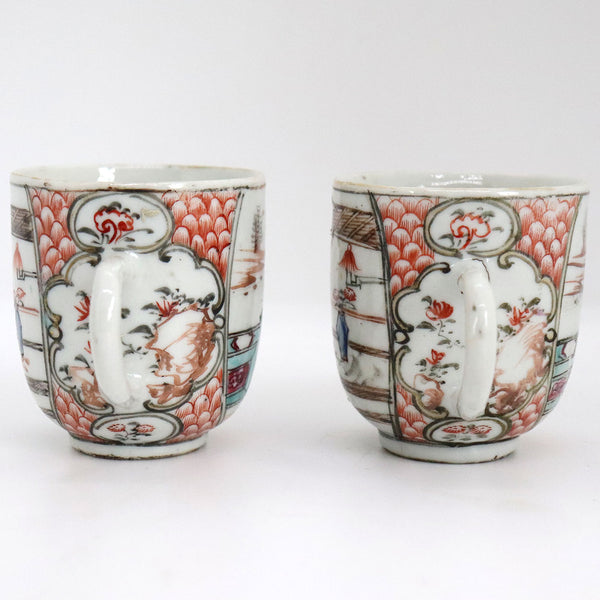 Antique Pair of Chinese Export Qianlong Famille Rose Mandarin Porcelain Tea Cups