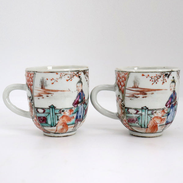 Antique Pair of Chinese Export Qianlong Famille Rose Mandarin Porcelain Tea Cups