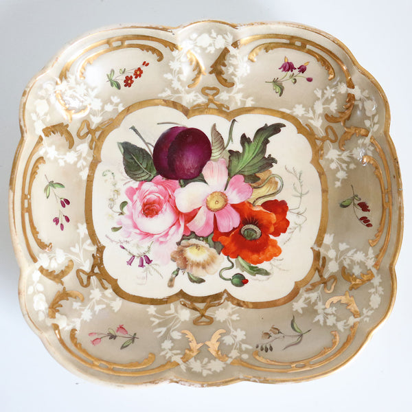 English Gilt Porcelain Floral Scalloped Square Dessert Dish