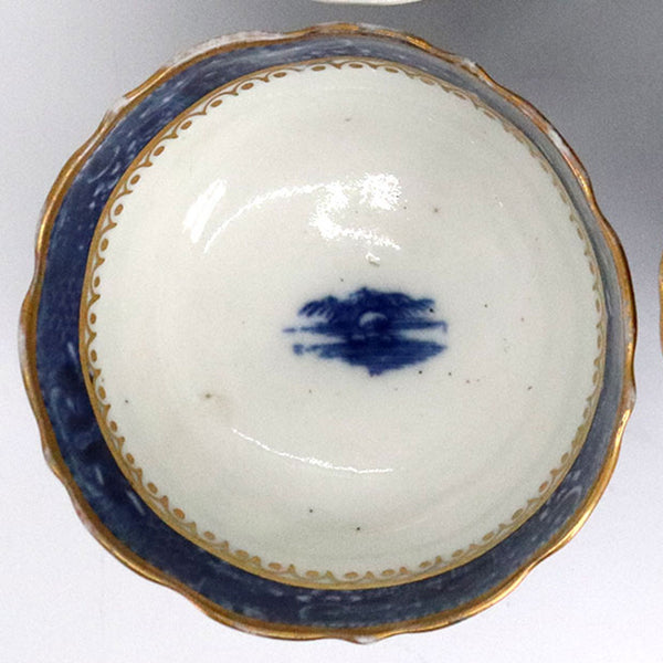 English Caughley Gilt, Blue and White Porcelain Temple Pattern Tea Bowl