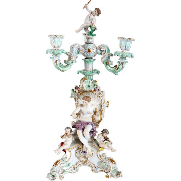 German Meissen Rococo Revival Porcelain Figural Three-Part Candelabrum