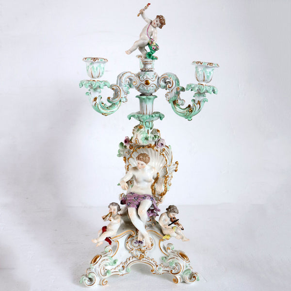 German Meissen Rococo Revival Porcelain Figural Three-Part Candelabrum