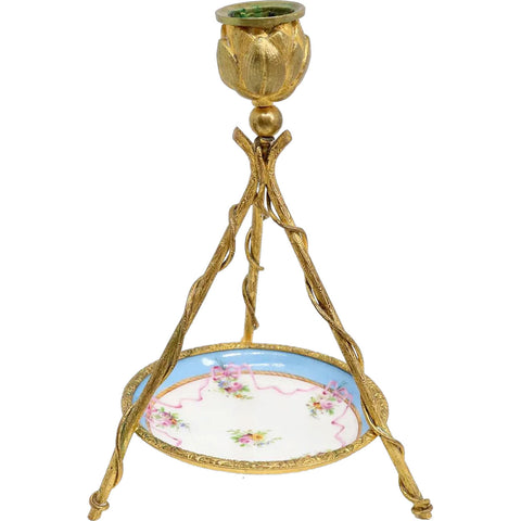 French Sevres Style Gilt Bronze and Porcelain One-Light Tripod Candlestick and Plate