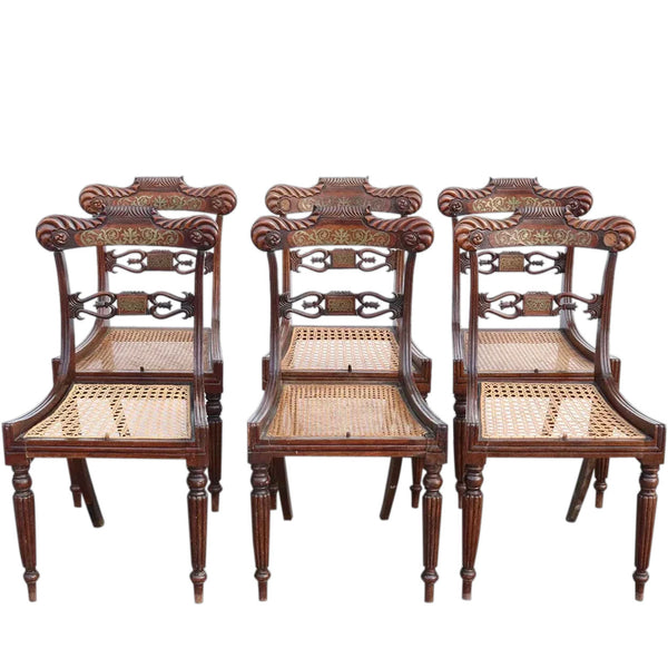 Set of Six English Regency Brass Inlaid Rosewood Caned Dining Chairs