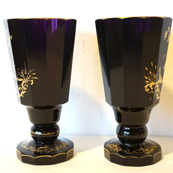 Pair of Bohemian Gilt Dark Amethyst Glass Vases/Goblets
