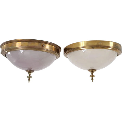 Pair of American Belcaro Mansion Brass Mounted Engraved Glass Domed Ceiling Lights