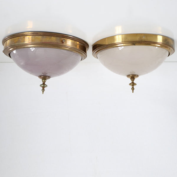 Pair of American Belcaro Mansion Brass Mounted Engraved Glass Domed Ceiling Lights
