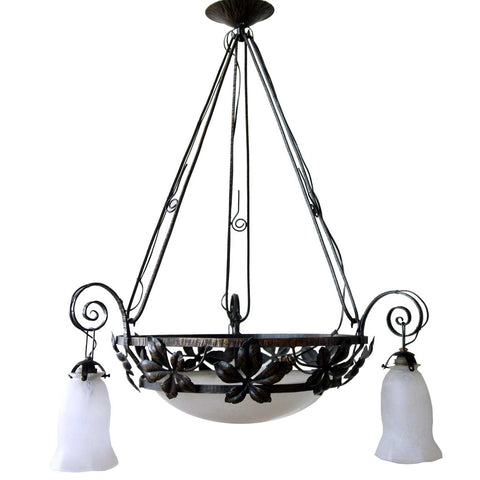 French Art Deco Wrought Iron and Mulaty Art Glass Three-Light Chandelier