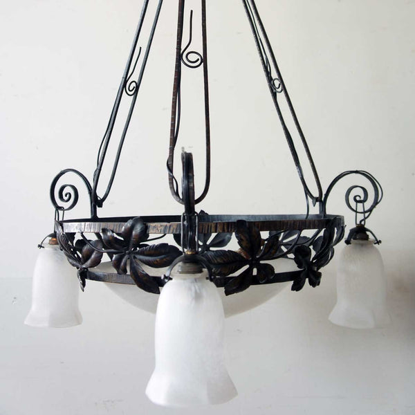 French Art Deco Wrought Iron and Mulaty Art Glass Three-Light Chandelier