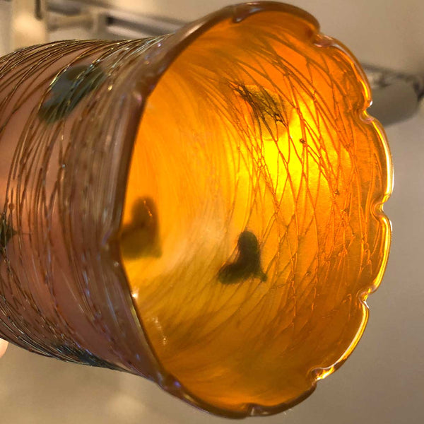 Set of Three American Quezal Gold Threaded Heart and Vine Glass Lamp Shades