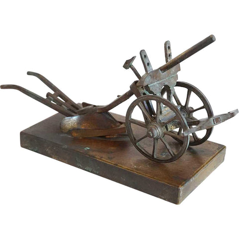 French Bronze Miniature Farming Horse Drawn Hand Plow Model