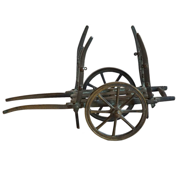 French Patinated Bronze Miniature Farming Two-Wheel Horse Cart Model