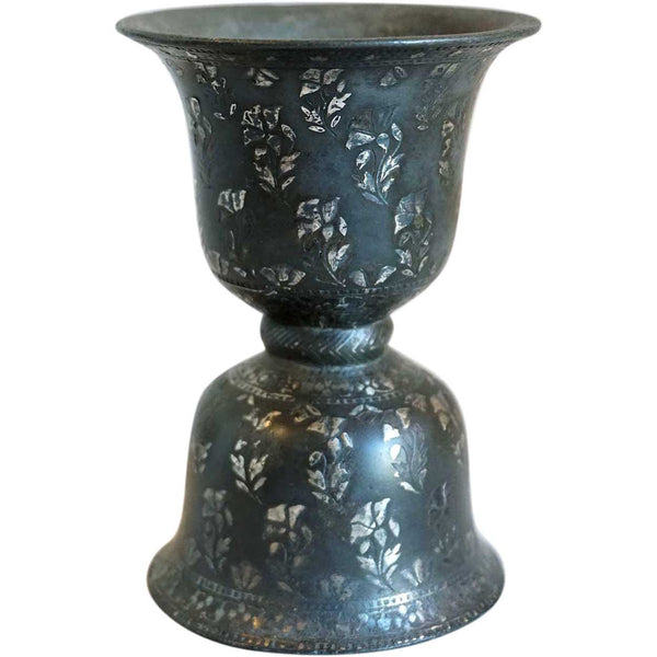 Indian Mughal Silver Inlaid Bidri Bell-Shaped Spittoon (Peekdaan/Thookadaan)