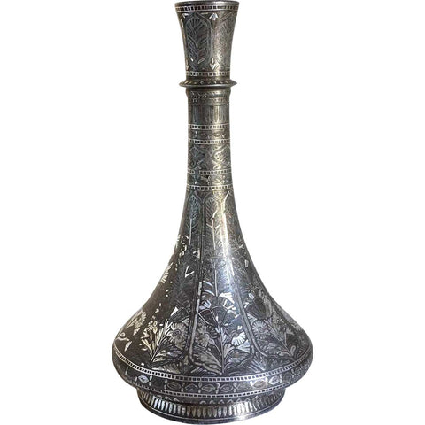 Indian Mughal Silver Inlaid Bidri Bottle Vase