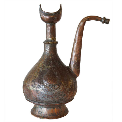 Indo-Persian Mughal Chased Copper Water Ritual Ewer, Pitcher