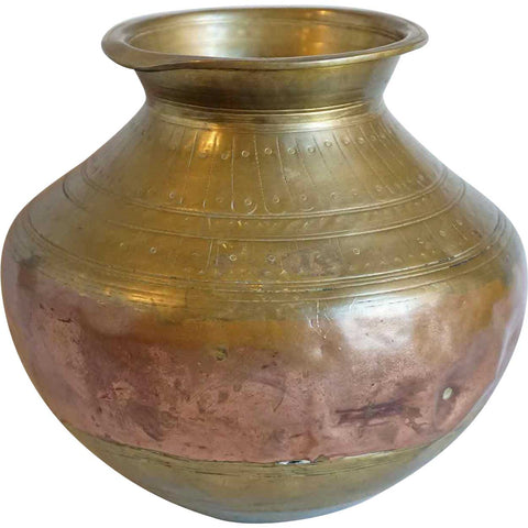 Indian Mughal Chased Copper and Brass Water Pot (Lota)