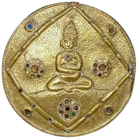 Tibetan Chased Brass Metal over Wood Round Buddhist Hanging Wall Plaque