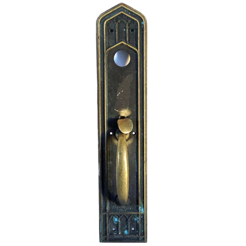 Large American CORBIN Gothic Revival Cast Brass Door Handle and Plate