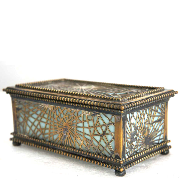 American Tiffany Studios Bronze and Opalescent Slag Glass Pine Needle Jewelry Box