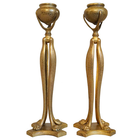 Pair of American Tiffany Studios Art Nouveau Bronze Dore Cat's Paw Candlesticks