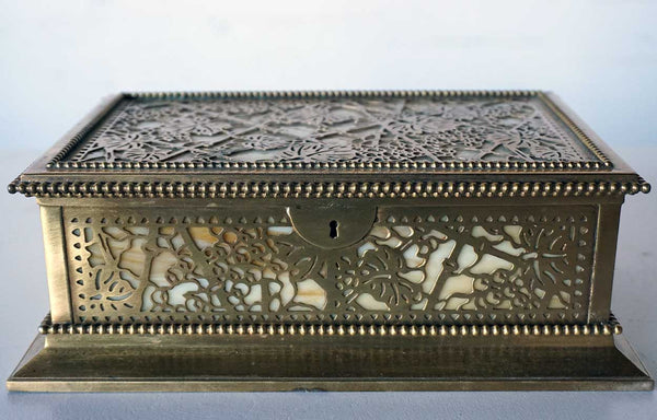 American Tiffany Studios Bronze Dore Etched Metal and Glass Grapevine Pattern Desk Box