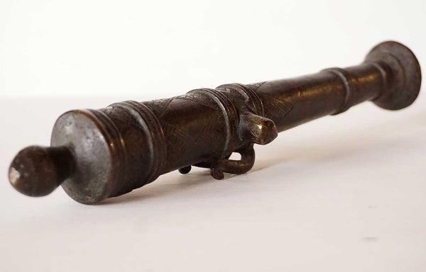 Early Indian Cast Bronze Miniature Cannon Model on Wood Stand