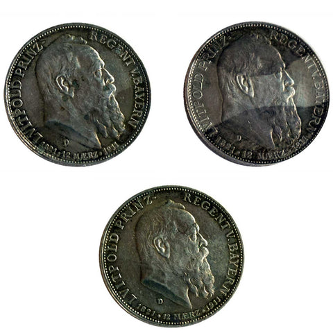 Set of Three German State Bavarian Silver Coins 1911