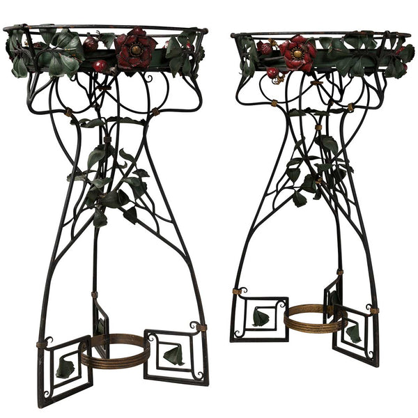 Pair of French Art Nouveau Style Painted Wrought Iron Jardinière / Ferniere Stands