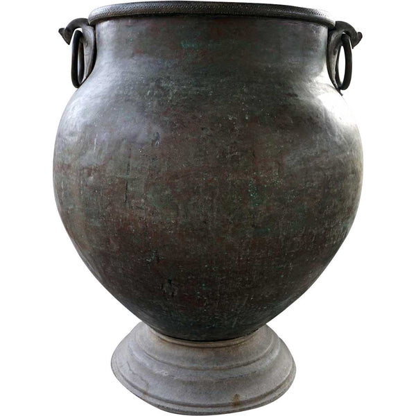 Very Large South Indian Hammered Brass Water Storage Pot on Stand
