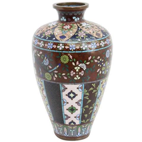 Small Japanese Meiji Cloisonne Enamel Goldstone on Copper Baluster Bud Vase